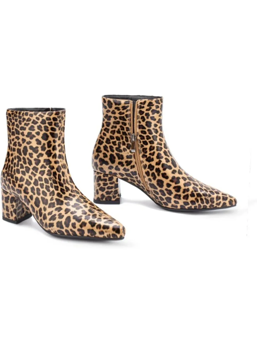 Women's Leopard Pointed Toe Comfortable Chunky Heel Side Zipper Ankle Boots